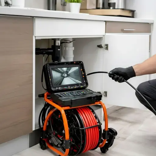 HD sewer camera inspection monitor showing pipe diagnostics