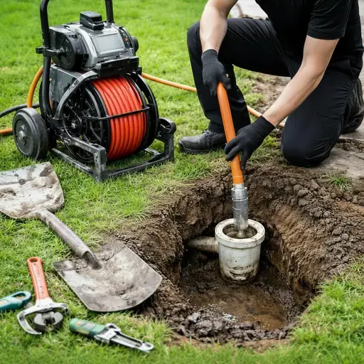 Underground sewer line replacement trench with new piping