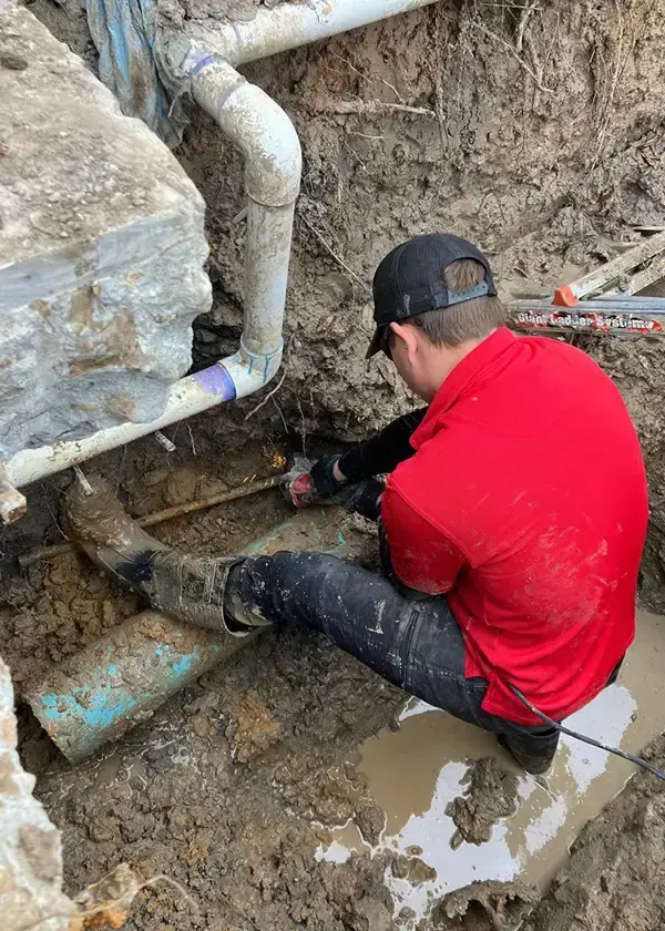 Underground slab leak repair with exposed drain transition